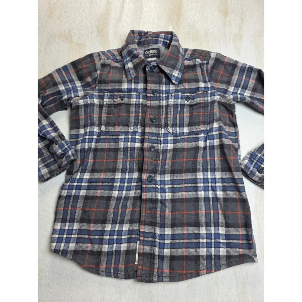 OshKosh Bgosh Kids Size 5 Blue Orange Plaid Flannel Button Down Shirt Western